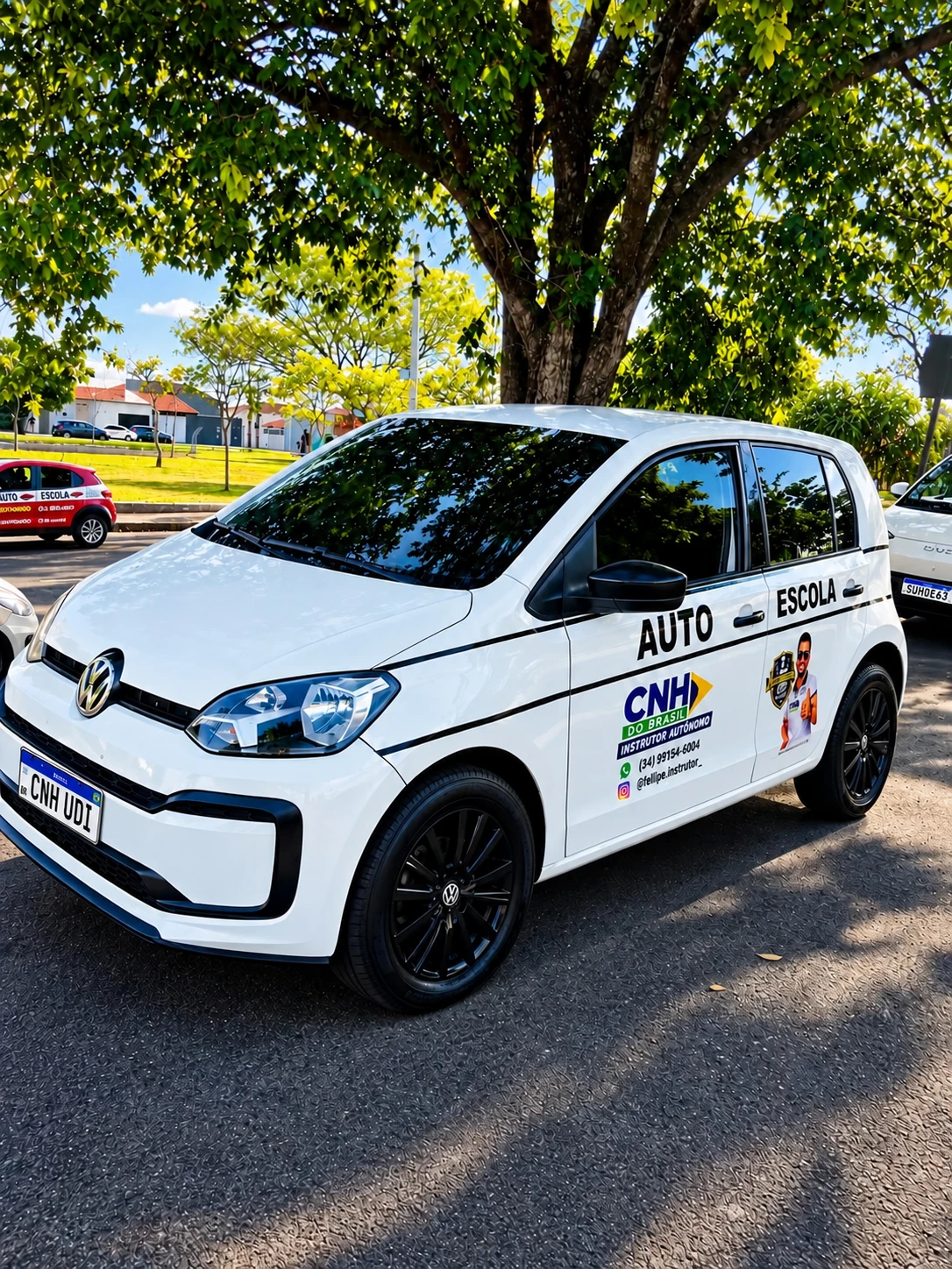 Volkswagen Up branco utilizado nas aulas práticas da CNH Udi